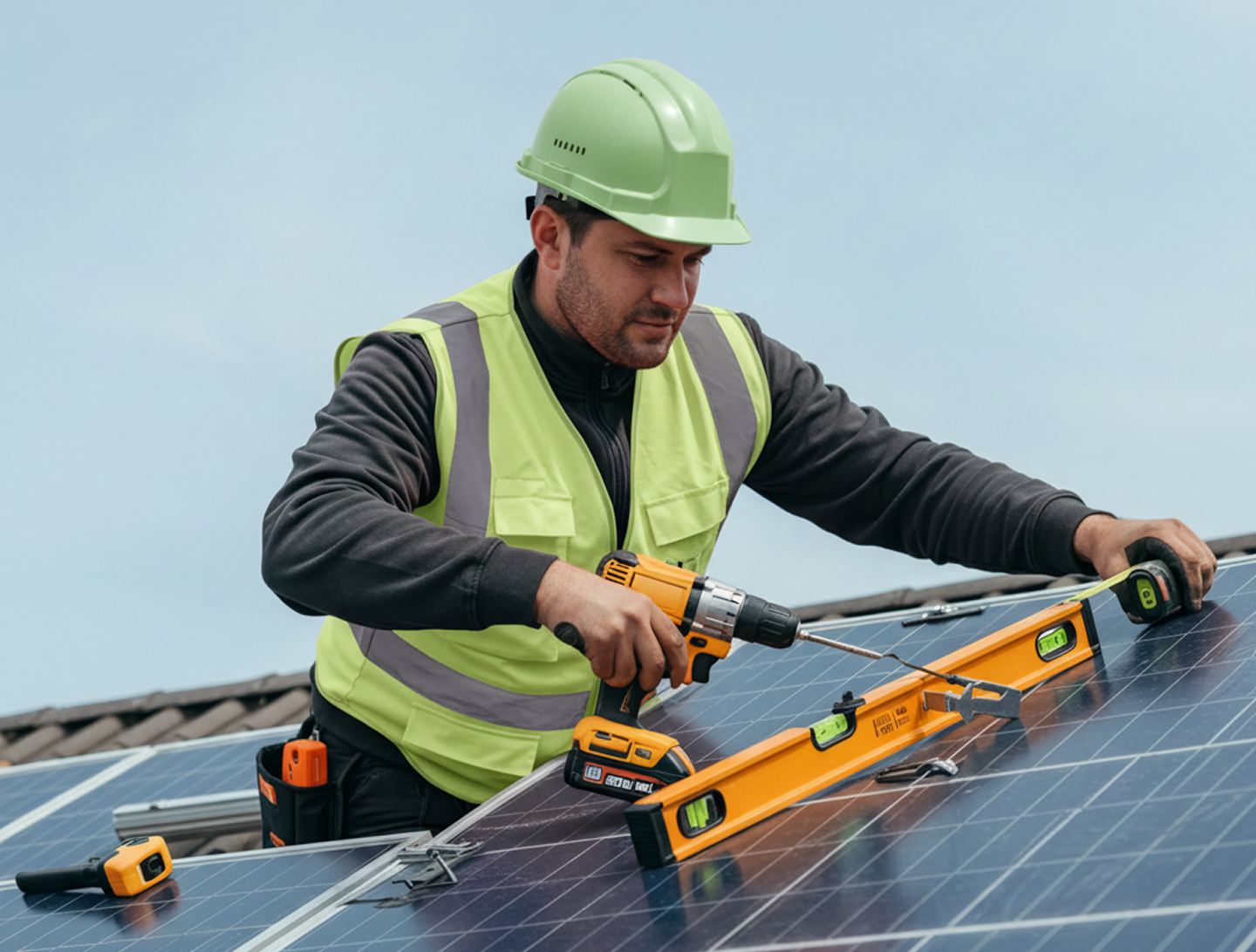 Solar installer working on a rooftop panel array