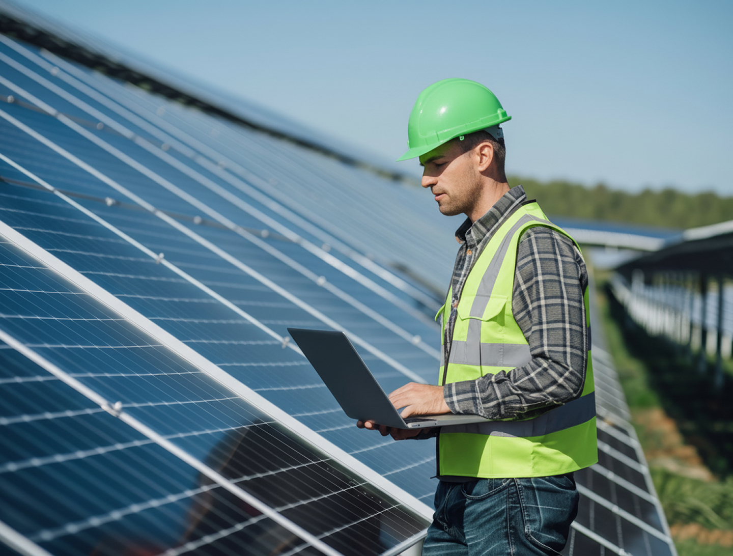 Solar installer working on a rooftop panel array